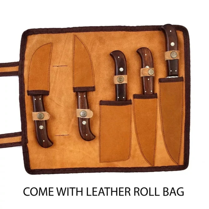 Damascus Steel Chef Knife Set – 5 Pc Handmade Kitchen Knives with Leather Roll Bag, Sharp Blades & Durable Handle