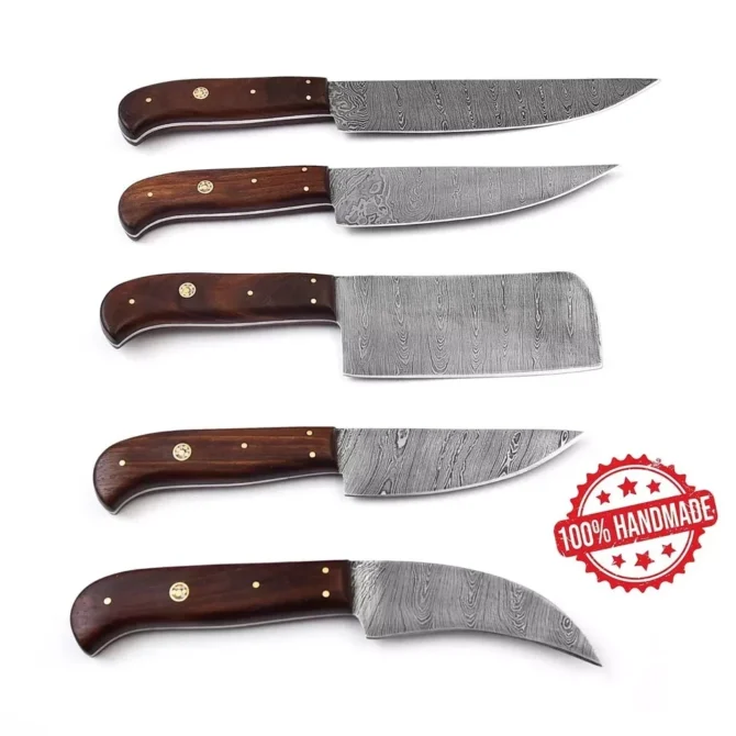 Damascus Steel Chef Knife Set – 5 Pc Handmade Kitchen Knives with Leather Roll Bag, Sharp Blades & Durable Handle