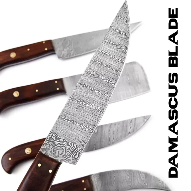 Damascus Steel Chef Knife Set – 5 Pc Handmade Kitchen Knives with Leather Roll Bag, Sharp Blades & Durable Handle