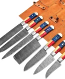 Handmade Damascus Steel Chef Knife Set – 7 Piece Professional Kitchen Knives Set with Leather Roll Bag