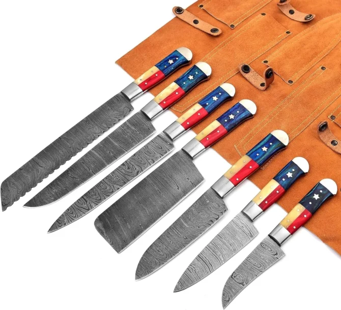 Handmade Damascus Steel Chef Knife Set – 7 Piece Professional Kitchen Knives Set with Leather Roll Bag