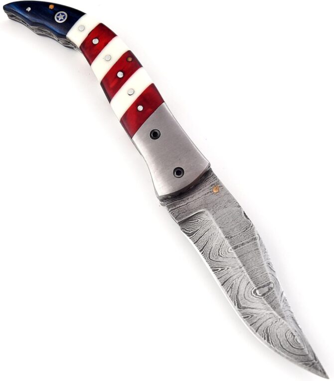 Damascus Steel Folding Knife with USA Flag Handle & Leather Sheath