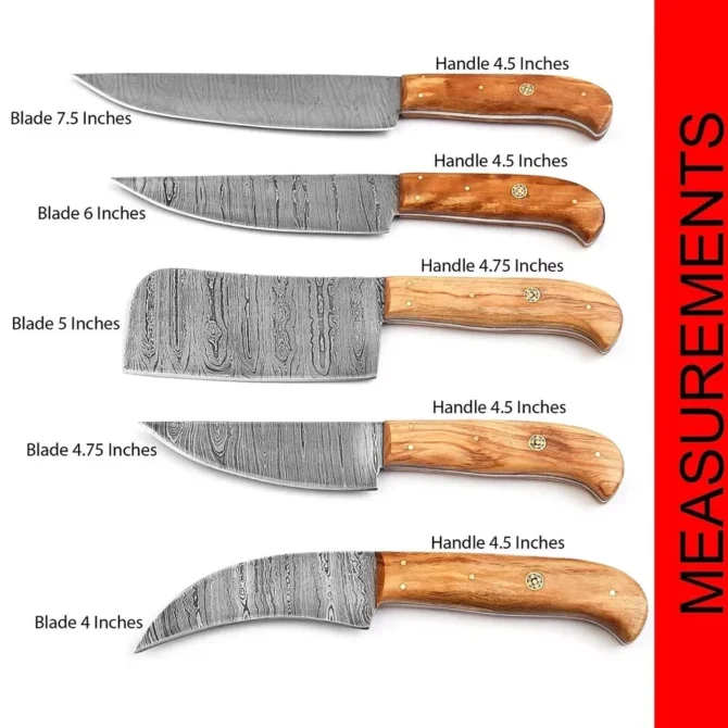 Damascus Steel Chef Knife Set – 5 Pc Handmade Kitchen Knives with Leather Roll Bag, Sharp Blades & Durable Handle