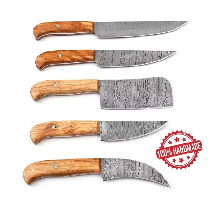 Damascus Steel Chef Knife Set – 5 Pc Handmade Kitchen Knives with Leather Roll Bag, Sharp Blades & Durable Handle