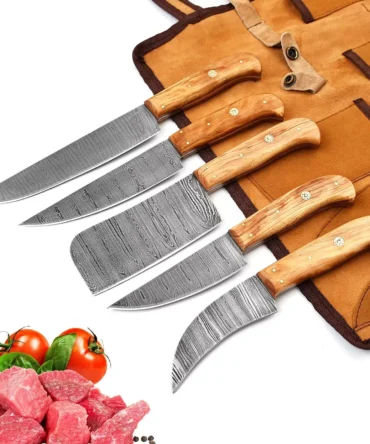 Damascus Steel Chef Knife Set – 5 Pc Handmade Kitchen Knives with Leather Roll Bag, Sharp Blades & Durable Handle