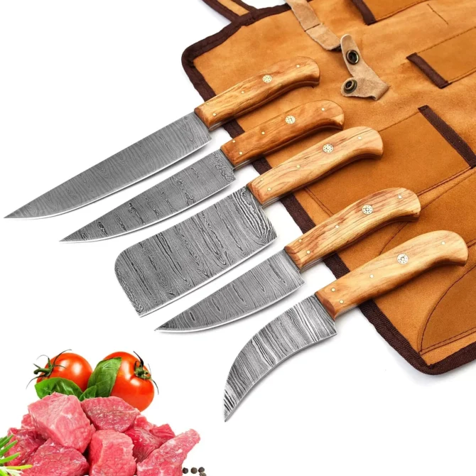 Damascus Steel Chef Knife Set – 5 Pc Handmade Kitchen Knives with Leather Roll Bag, Sharp Blades & Durable Handle