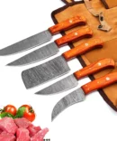Damascus Steel Chef Knife Set – 5 Pc Handmade Kitchen Knives with Leather Roll Bag, Sharp Blades & Durable Handle