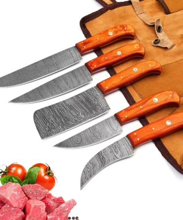 Damascus Steel Chef Knife Set – 5 Pc Handmade Kitchen Knives with Leather Roll Bag, Sharp Blades & Durable Handle