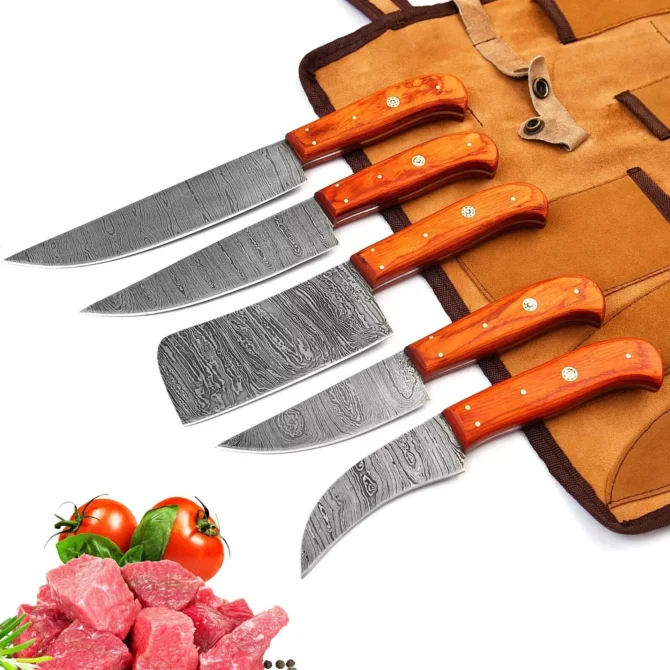 Damascus Steel Chef Knife Set – 5 Pc Handmade Kitchen Knives with Leather Roll Bag, Sharp Blades & Durable Handle