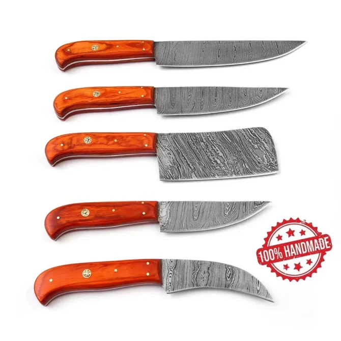 Damascus Steel Chef Knife Set – 5 Pc Handmade Kitchen Knives with Leather Roll Bag, Sharp Blades & Durable Handle