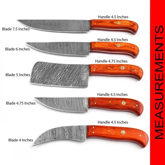 Damascus Steel Chef Knife Set – 5 Pc Handmade Kitchen Knives with Leather Roll Bag, Sharp Blades & Durable Handle