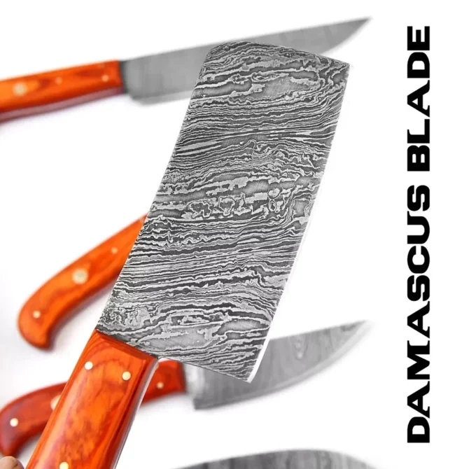Damascus Steel Chef Knife Set – 5 Pc Handmade Kitchen Knives with Leather Roll Bag, Sharp Blades & Durable Handle
