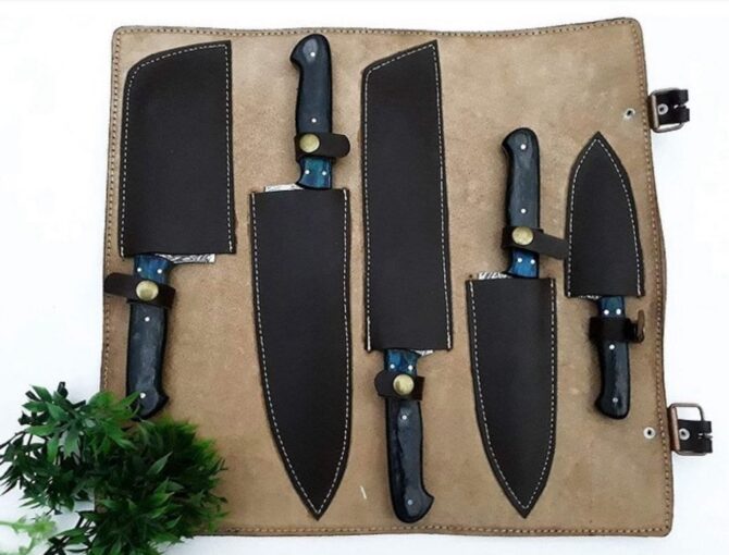 5-Piece Hand Forged Damascus Steel Chef Knife Set with Leather Roll Bag