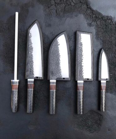 5-Piece Hand Forged D2 Steel Chef Knife Set with Black Wood Handles & Leather Roll Bag