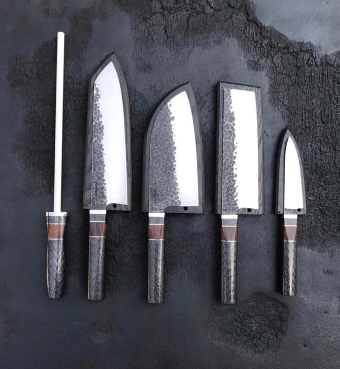 5-Piece Hand Forged D2 Steel Chef Knife Set with Black Wood Handles & Leather Roll Bag