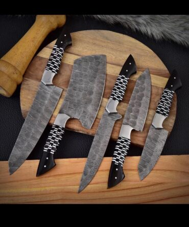 5-Piece Hand Forged Damascus Steel Kitchen Knife Set with Black & White Resin Handles