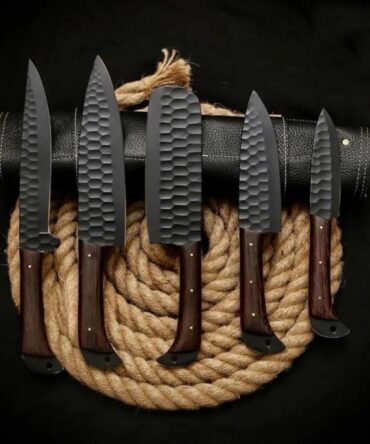 Black Coated D2 Steel Chef Knife Set 5-Piece with Walnut Wood Handles & Leather Roll Bag