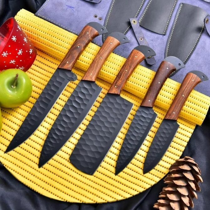 Black Coated D2 Steel Chef Knife Set 5-Piece with Walnut Wood Handles & Leather Roll Bag