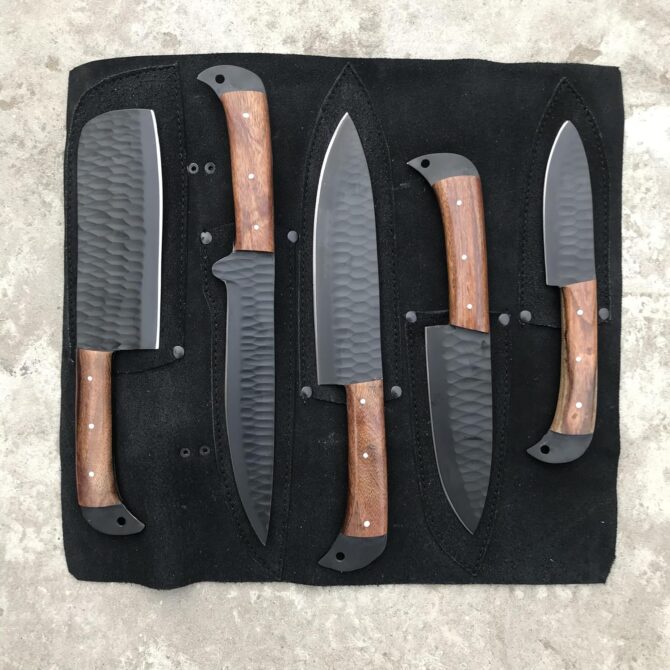Black Coated D2 Steel Chef Knife Set 5-Piece with Walnut Wood Handles & Leather Roll Bag