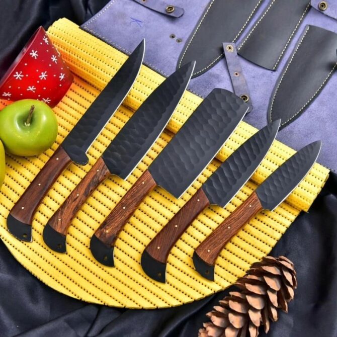 Black Coated D2 Steel Chef Knife Set 5-Piece with Walnut Wood Handles & Leather Roll Bag