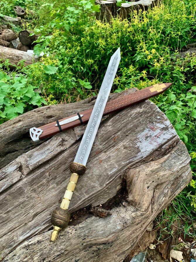 Hand-Forged Celtic Knot Sword | Engraved High Carbon Steel Blade & Wood Handle