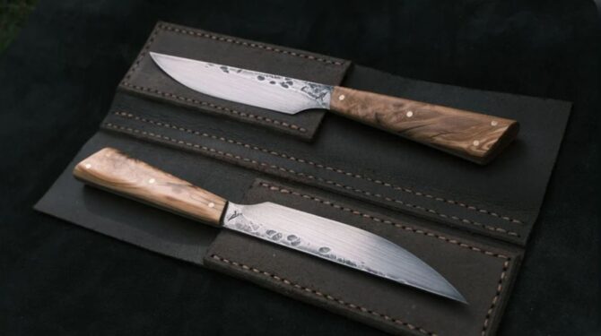 2-Piece Hand Forged D2 Steel Utility Knife Set with Olive Wood Handles & Leather Folding Bag