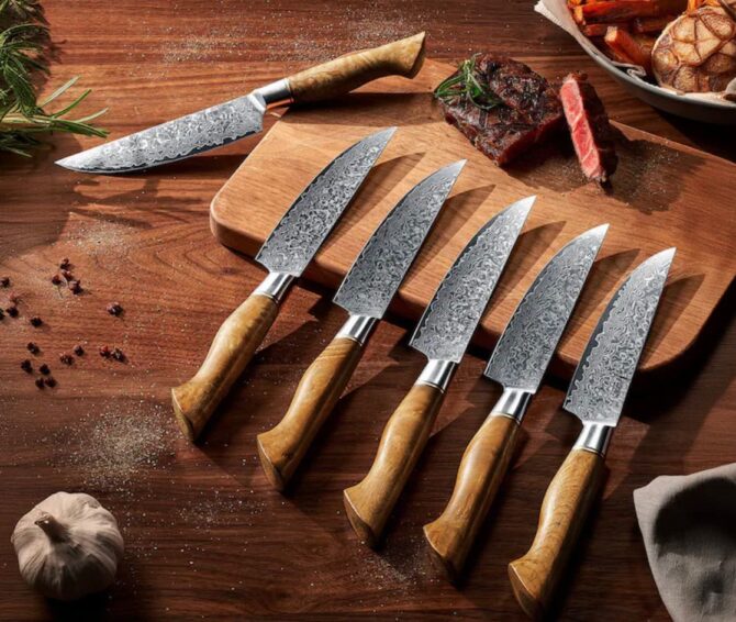 6-Piece Hand Forged Damascus Steel Utility/Steak Knife Set (Rust Resistant)