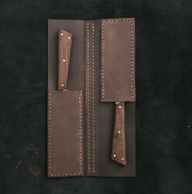 2-Piece Hand Forged D2 Steel Utility Knife Set with Olive Wood Handles & Leather Folding Bag