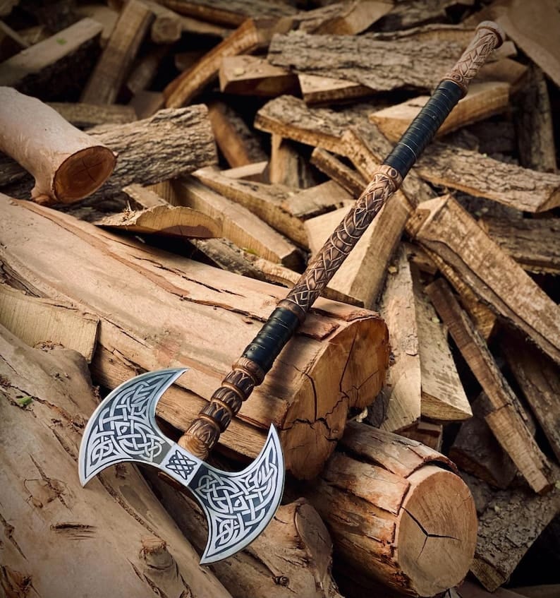Hand-Carved Viking Double Headed Axe with Engraved Blades and Custom Leather Sheath