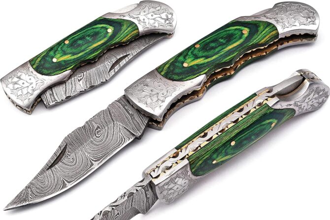 Hand Engraved Damascus Steel Folding Knife with Genuine Stag Horn Handle & Leather Sheath