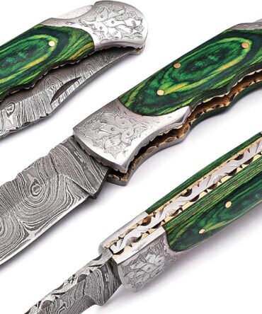 Hand-Forged Damascus Folding Knife with Engraved Stainless Bolster & Green Wood Handle