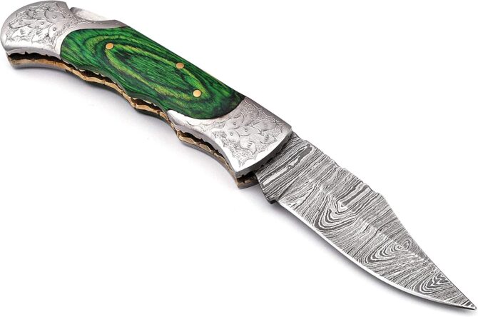 Hand Engraved Damascus Steel Folding Knife with Genuine Stag Horn Handle & Leather Sheath