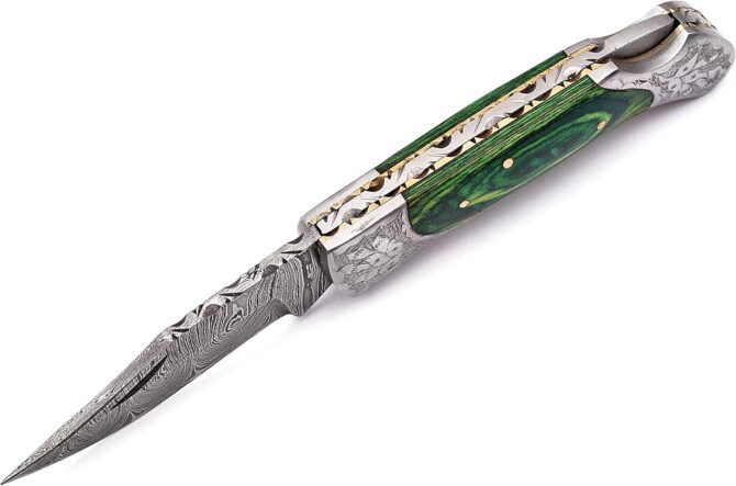 Hand Engraved Damascus Steel Folding Knife with Genuine Stag Horn Handle & Leather Sheath