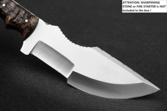 D2 Steel Hunting Knife with Genuine Ram Horn Handle & Leather Sheath