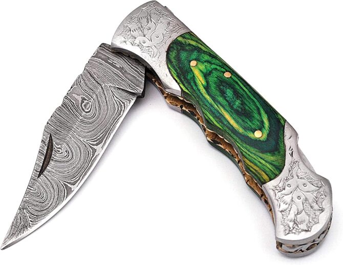 Hand Engraved Damascus Steel Folding Knife with Genuine Stag Horn Handle & Leather Sheath