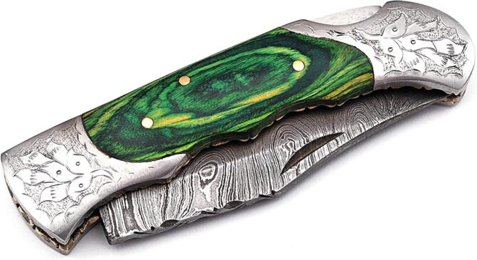 Hand Engraved Damascus Steel Folding Knife with Genuine Stag Horn Handle & Leather Sheath