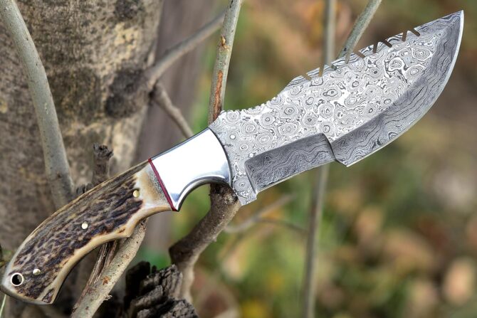 Hand Forged Damascus Steel Tracker Knife with Genuine Stag Horn Handle & Sheath