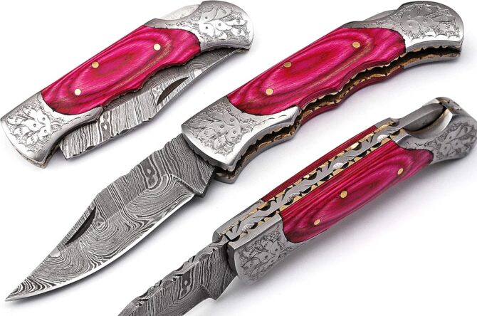 Hand Engraved Damascus Steel Folding Knife with Genuine Stag Horn Handle & Leather Sheath