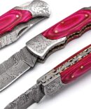 Hand-Forged Damascus Folding Knife with Pink Wood Handle & Engraved Stainless Steel Bolster