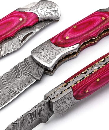 Hand-Forged Damascus Folding Knife with Pink Wood Handle & Engraved Stainless Steel Bolster