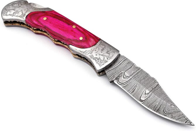 Hand Engraved Damascus Steel Folding Knife with Genuine Stag Horn Handle & Leather Sheath
