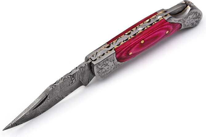 Hand Engraved Damascus Steel Folding Knife with Genuine Stag Horn Handle & Leather Sheath