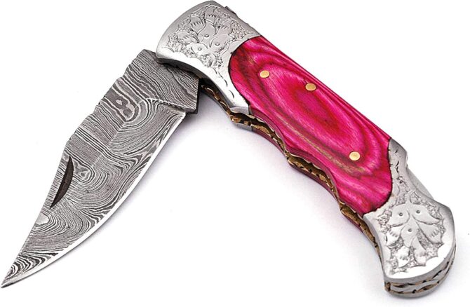 Hand Engraved Damascus Steel Folding Knife with Genuine Stag Horn Handle & Leather Sheath