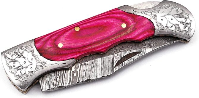 Hand Engraved Damascus Steel Folding Knife with Genuine Stag Horn Handle & Leather Sheath