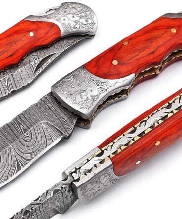 Premium Damascus Back Lock Folding Knife - Orange Wood Handle & Engraved Bolster