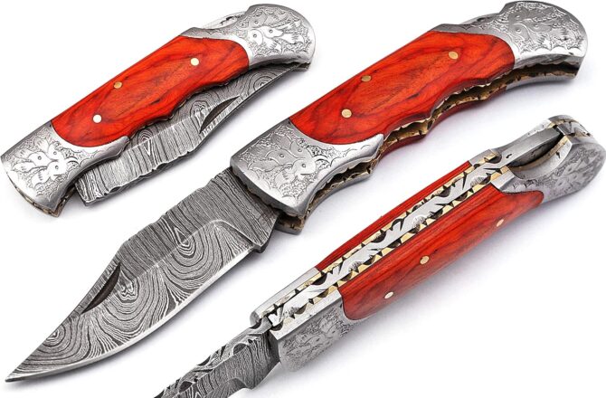Hand Engraved Damascus Steel Folding Knife with Genuine Stag Horn Handle & Leather Sheath