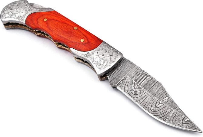 Hand Engraved Damascus Steel Folding Knife with Genuine Stag Horn Handle & Leather Sheath