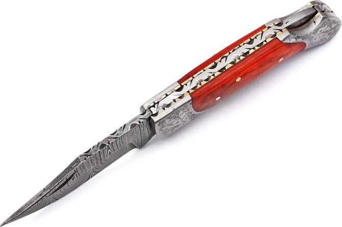 Hand Engraved Damascus Steel Folding Knife with Genuine Stag Horn Handle & Leather Sheath