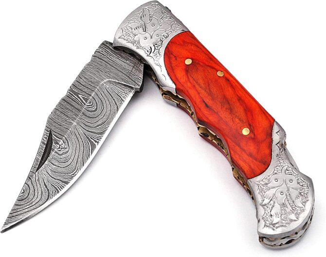 Hand Engraved Damascus Steel Folding Knife with Genuine Stag Horn Handle & Leather Sheath