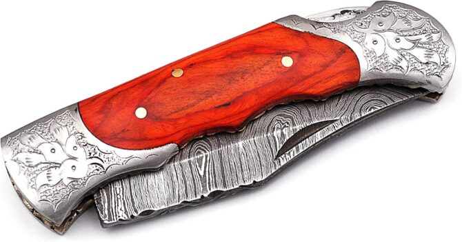 Hand Engraved Damascus Steel Folding Knife with Genuine Stag Horn Handle & Leather Sheath